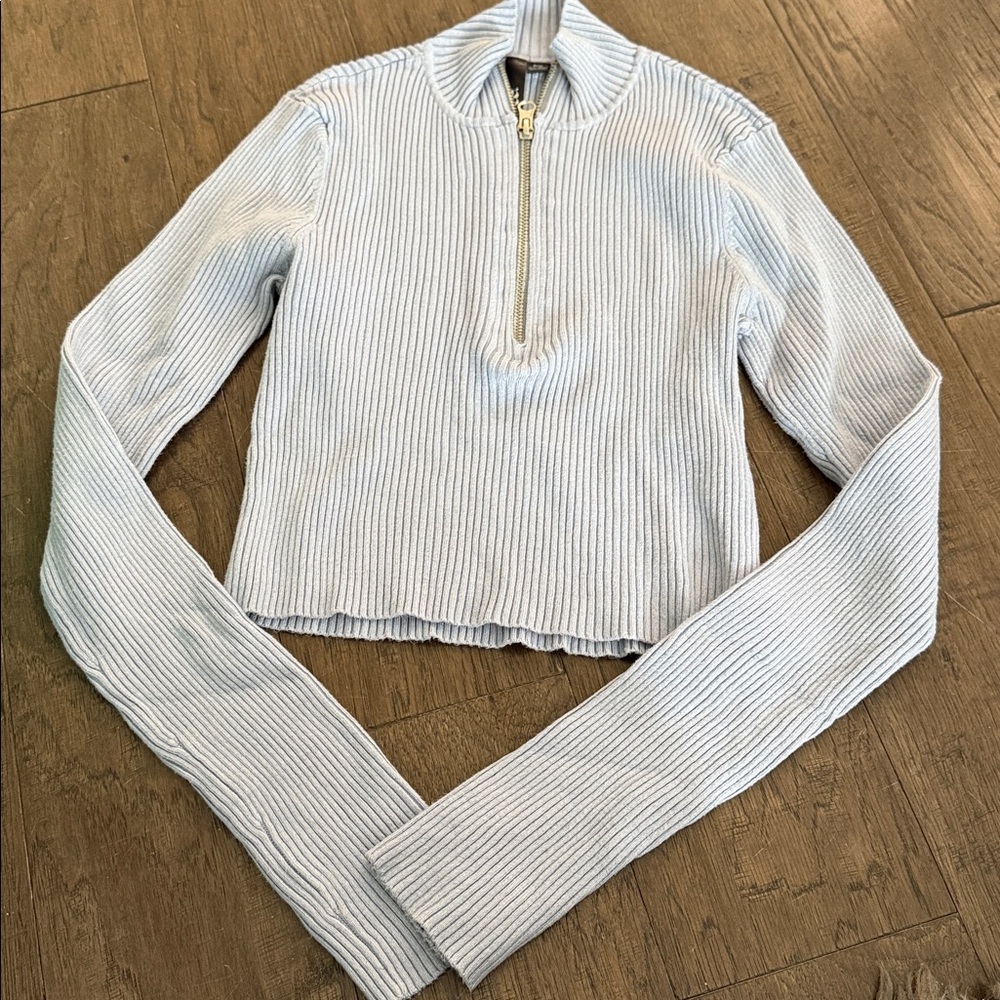 Women's blue Ribbed Quarter Zip Sweater Long Sleeve Size small Mock Neck Crop